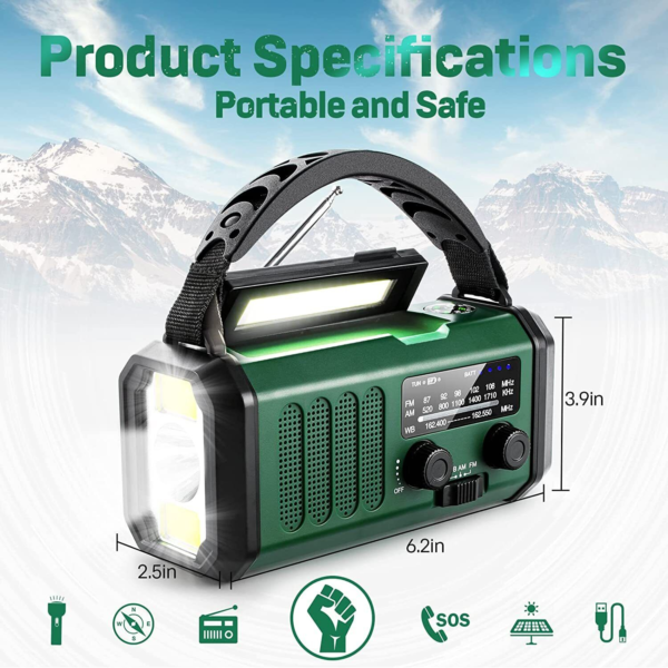 Portable Radio 10000Mah Solar Hand Crank Cell Phone Charger Emergency Radios AM/FM LED Flashlight Outdoor Indoor Light Night - Image 6
