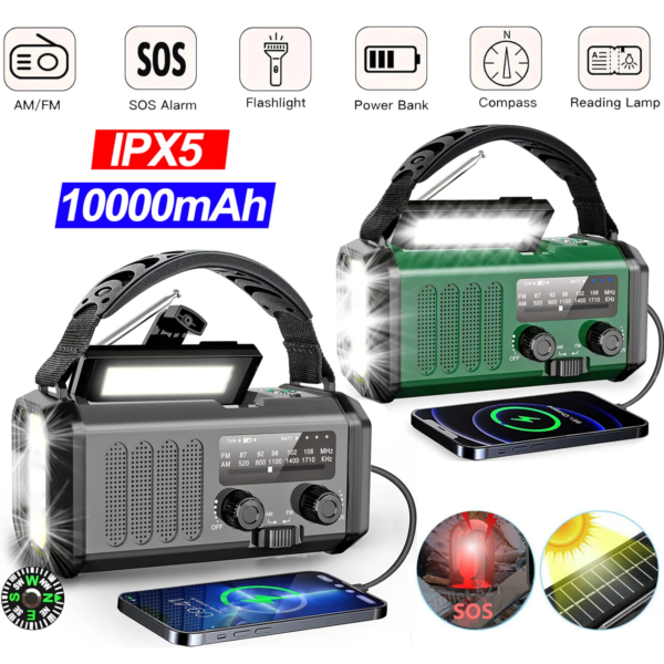 Portable Radio 10000Mah Solar Hand Crank Cell Phone Charger Emergency Radios AM/FM LED Flashlight Outdoor Indoor Light Night - Image 2