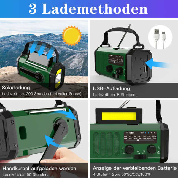 Portable Radio 10000Mah Solar Hand Crank Cell Phone Charger Emergency Radios AM/FM LED Flashlight Outdoor Indoor Light Night - Image 8