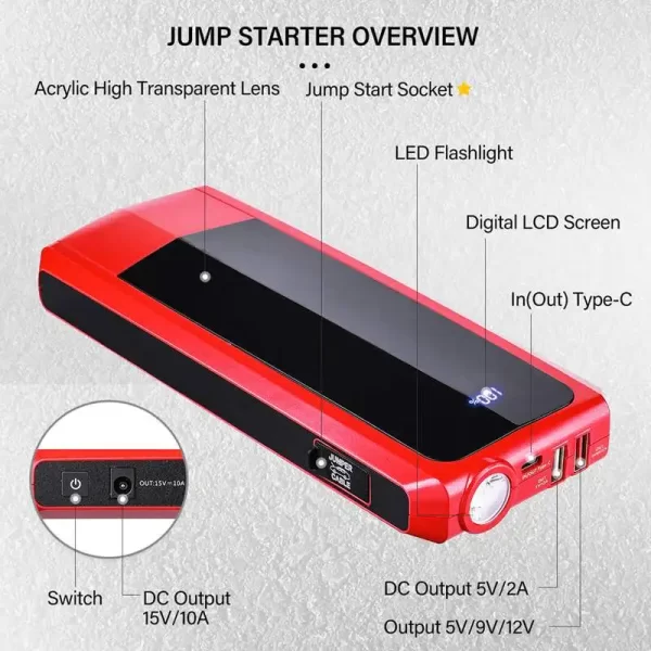 2000A 20000mAh Car Jump Starter Power Bank With LCD Display Dual USB Output QC3 0 Charging 4