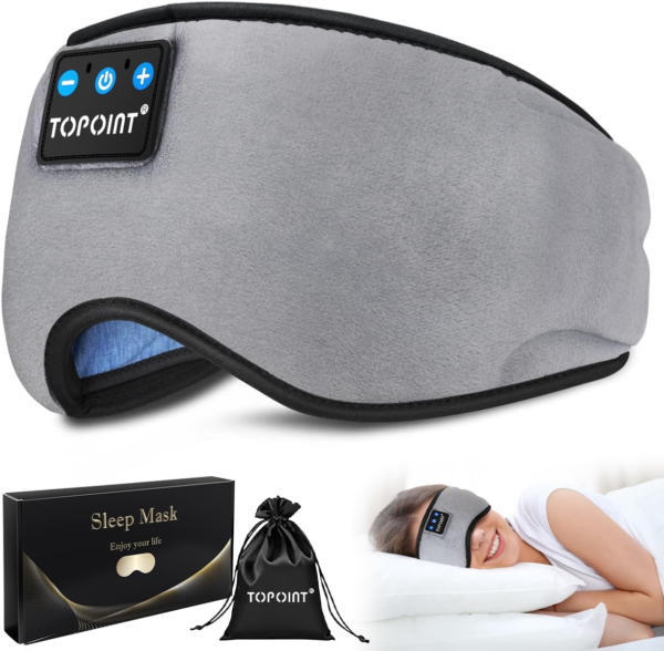TOPOINT Sleep Mask Headphones with Wireless Bluetooth 5.3, Eye Mask White Noise Headphones for Sleeping Mask Light Blocking, Timer, 14 Hours for Women Men, Travel, Meditation, Nap