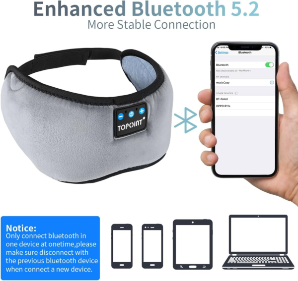 TOPOINT Sleep Mask Headphones with Wireless Bluetooth 5.3, Eye Mask White Noise Headphones for Sleeping Mask Light Blocking, Timer, 14 Hours for Women Men, Travel, Meditation, Nap - Image 2